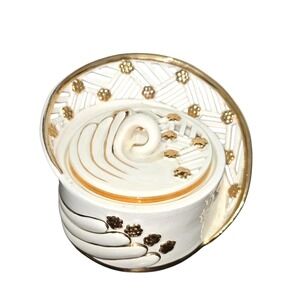 Hand Painted Italy Ceramic Covered Dish Gold Trim Lattice Rim Vintage Decorative